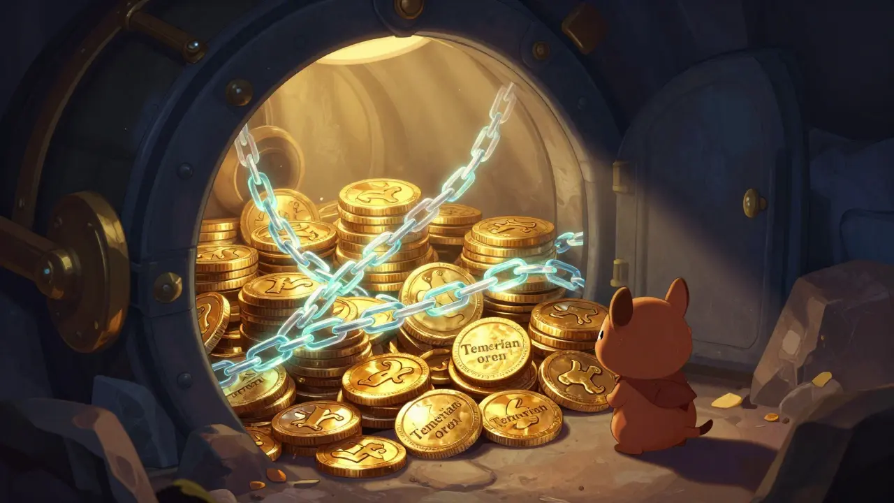 Glowing holographic chains locking gold coins in a mysterious stone vault.