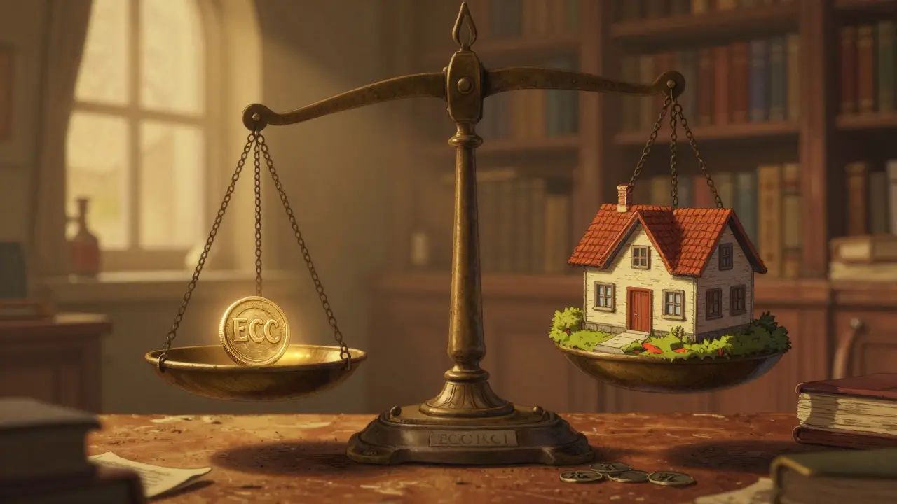 Illustration of a scale balancing a small crypto coin against a miniature house.