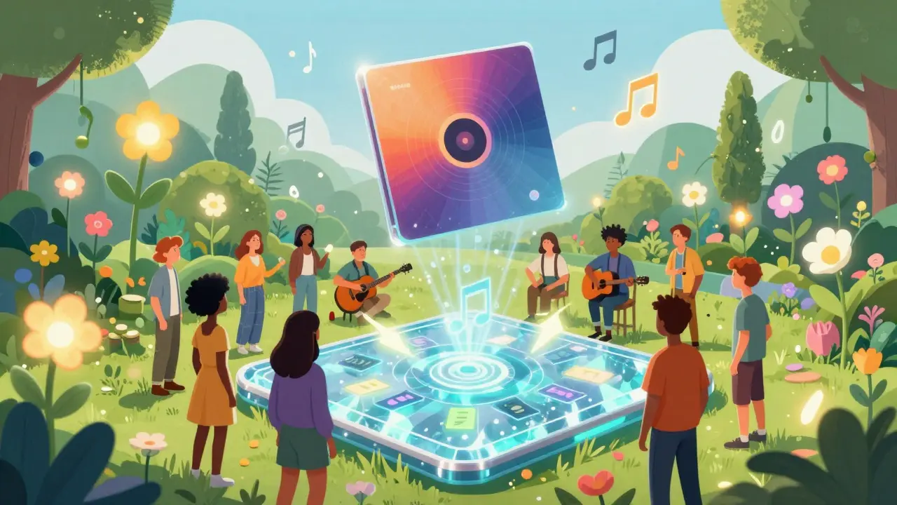 Musician and fans voting on album art in a magical garden setting