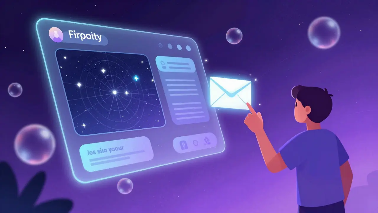 Person sending a holographic message in a cosmic anonymous chat hub