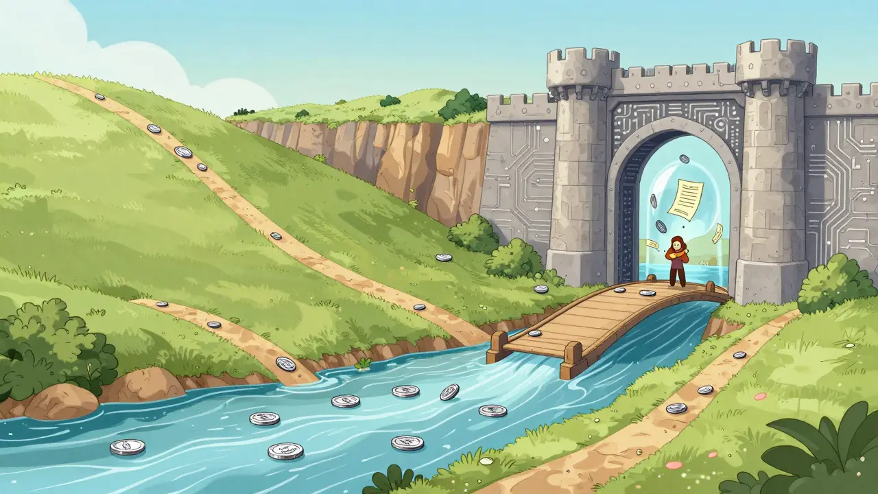 River of coins flowing through a single gate into a treasury, illustrating restricted exchange paths.