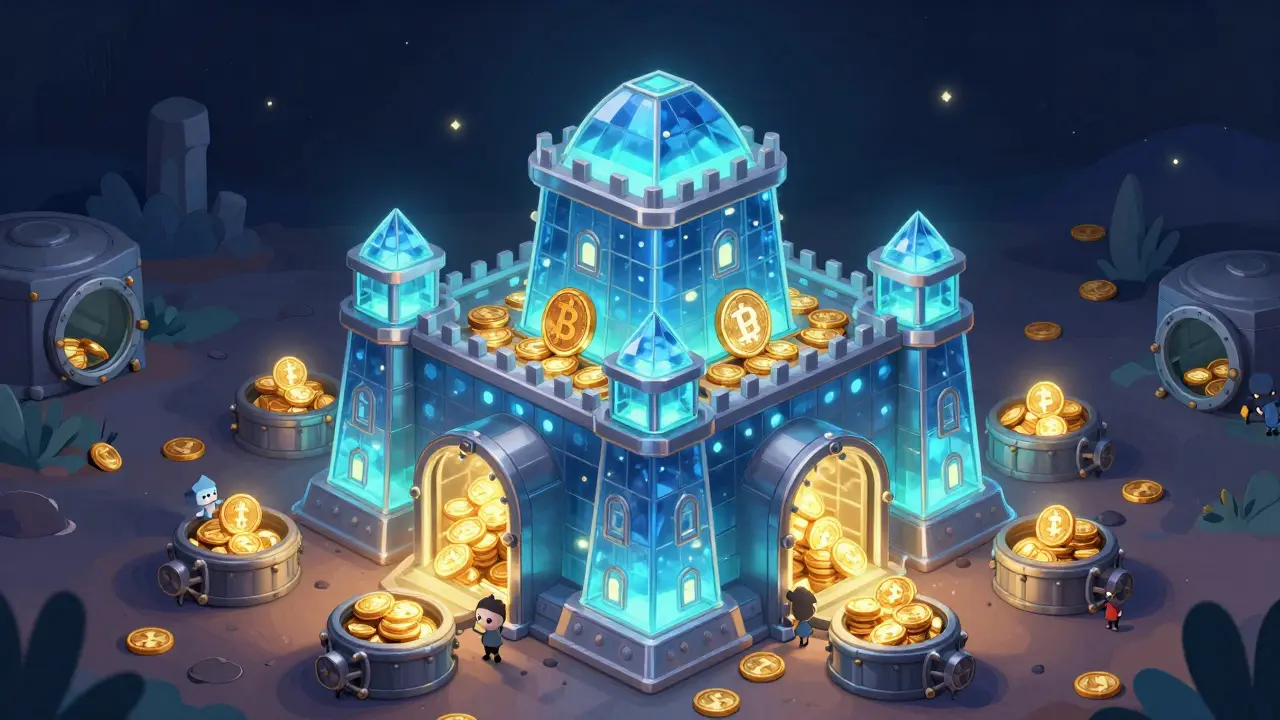 Secure digital fortress with glowing coins being stored in deep underground vaults.