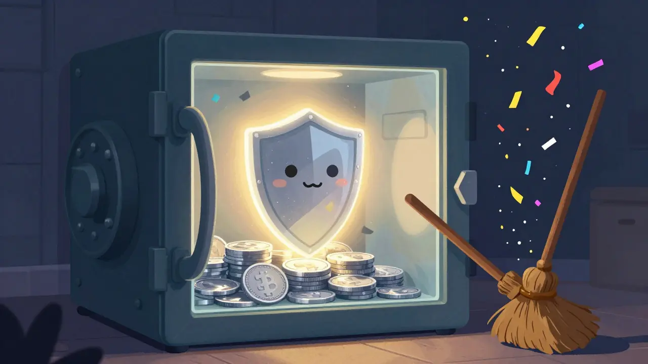 Silver stablecoins safely stored inside a glowing digital glass vault during a colorful storm.