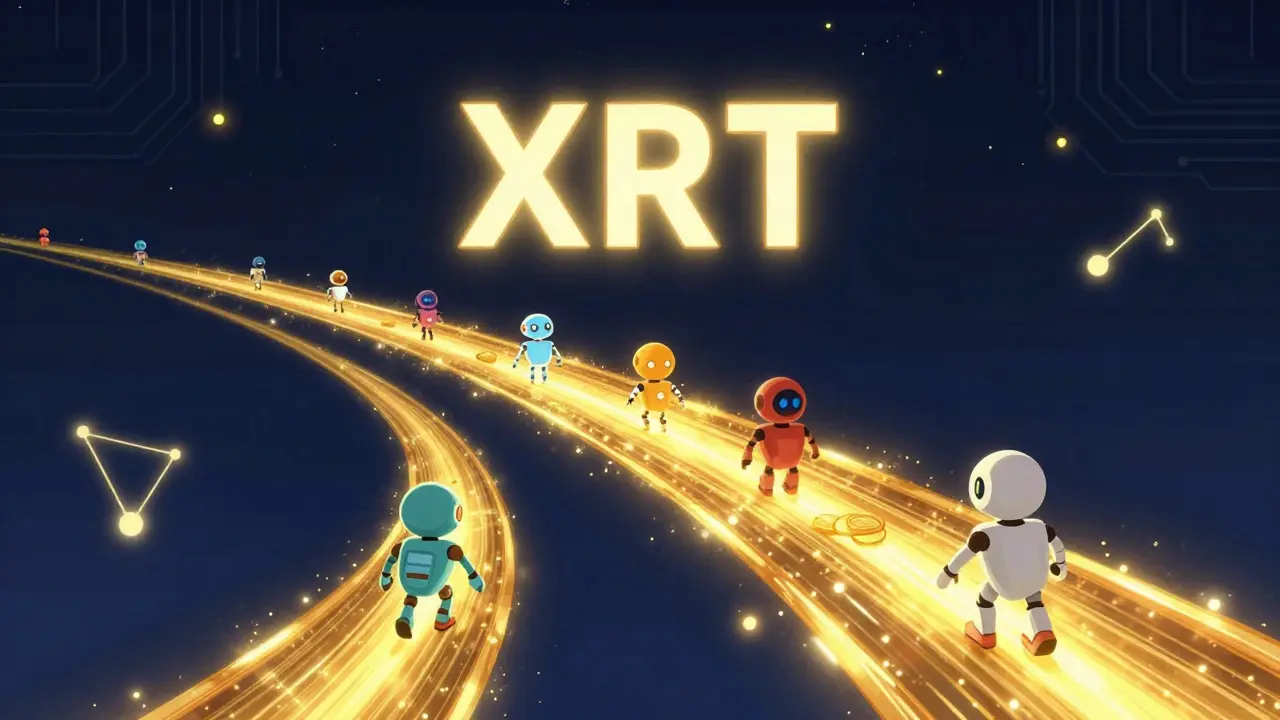 Small robots traveling on a glowing golden highway of XRT tokens in a digital space.