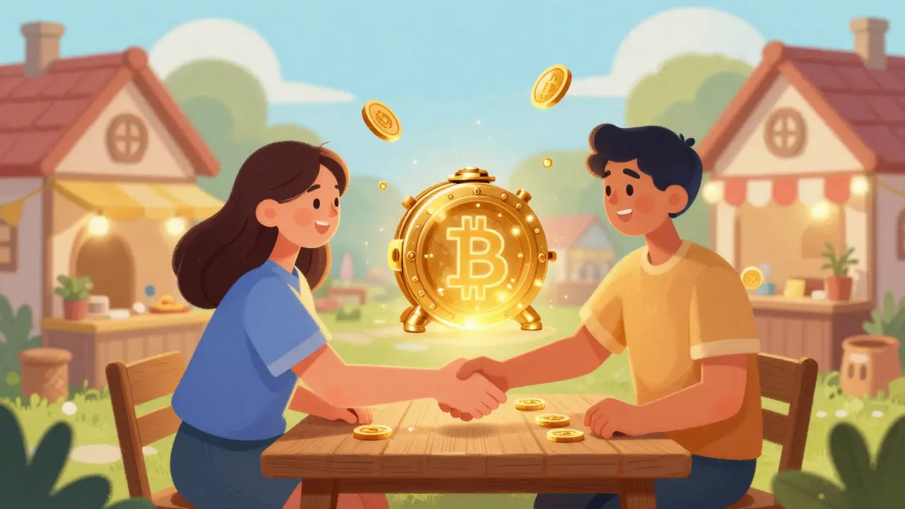 Two people trading crypto across a table with a shimmering golden escrow vault