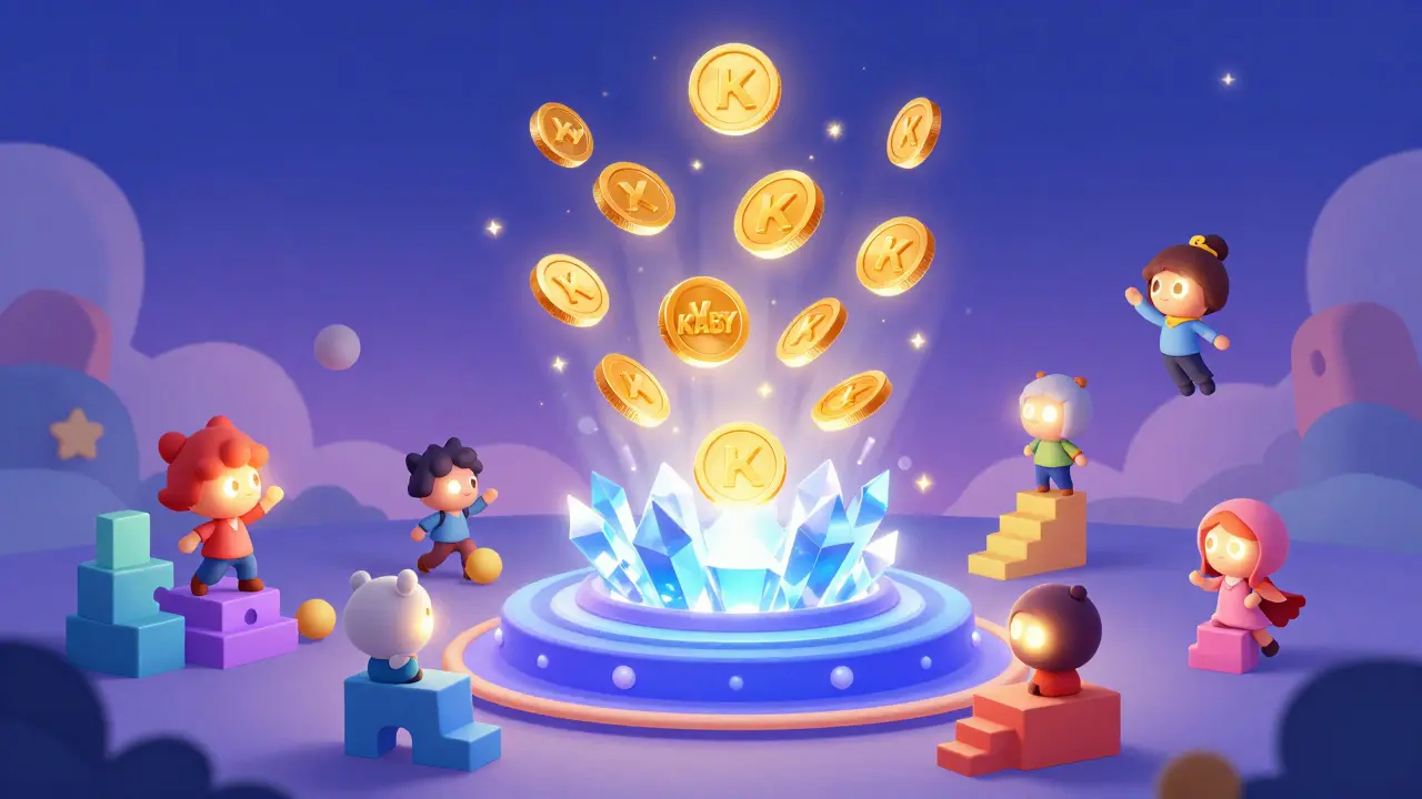 Whimsical characters earning glowing KABY tokens in a magical hub