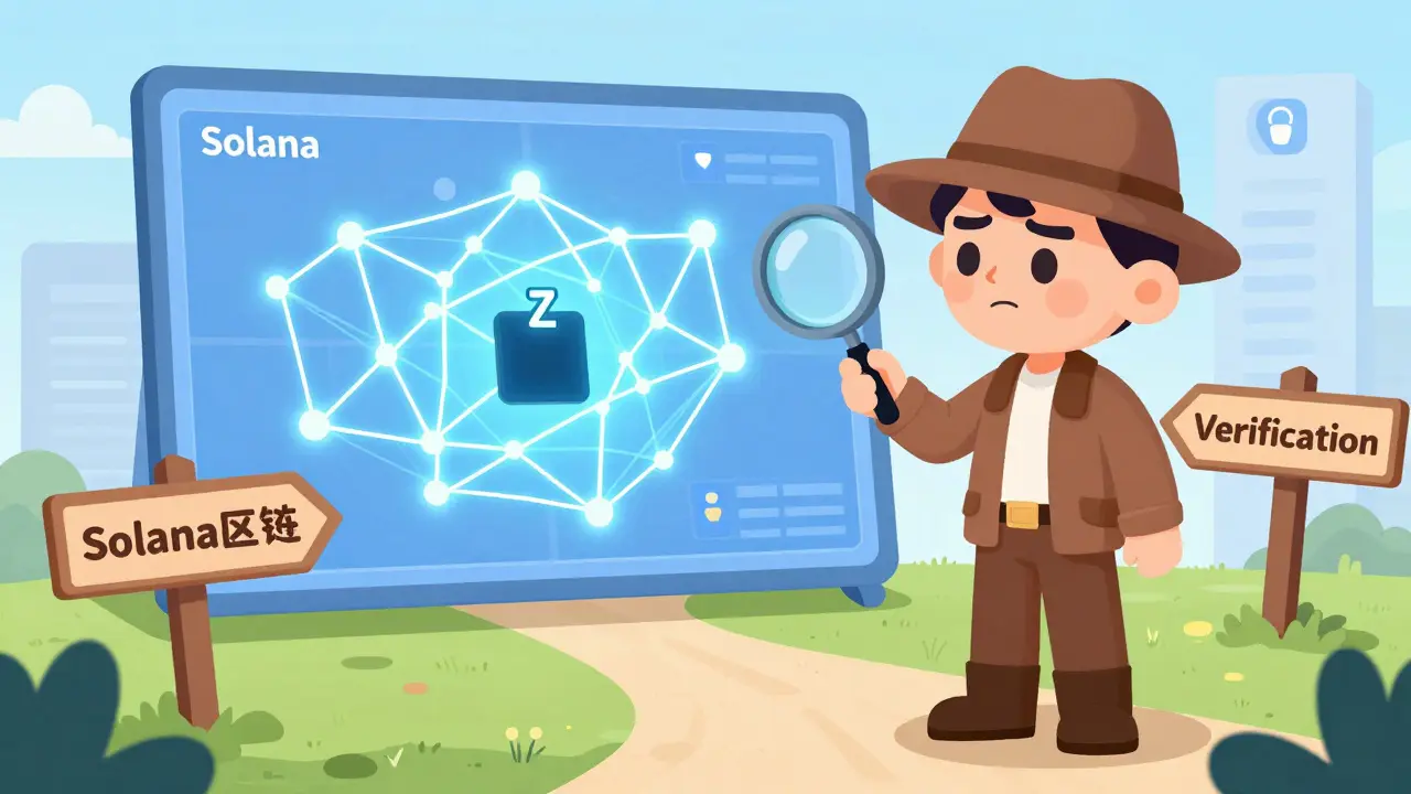 A detective examining a blank spot on a blockchain map, highlighting the lack of verification for the Z token.