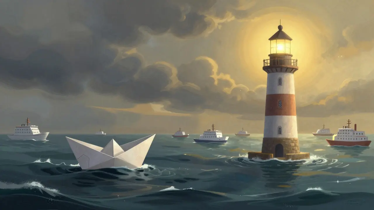 A fragile boat in stormy seas contrasted with a safe lighthouse.