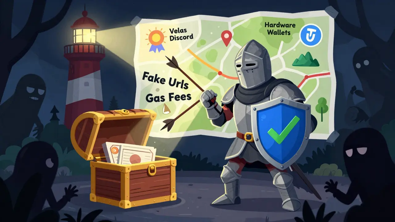 A knight defending a wallet from scam threats using security shields and verified maps.