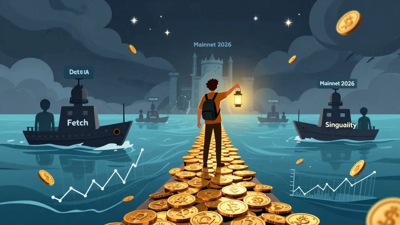 Adventurer crossing a volatile coin bridge toward a future mainnet castle in a storybook style.