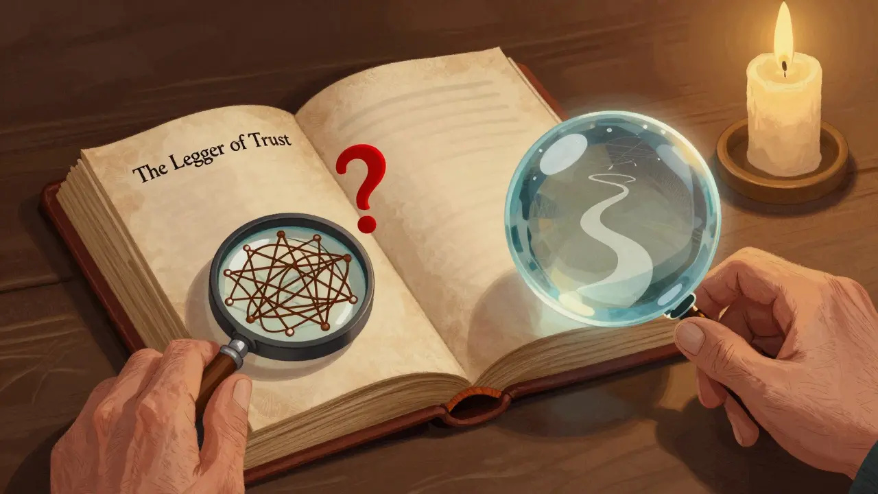 An empty ledger book with a question mark and a magnifying glass.