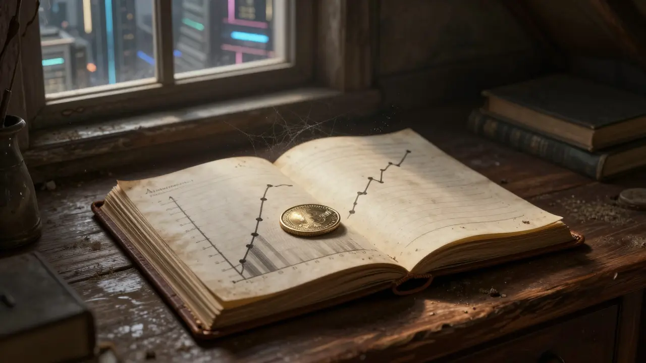 An old ledger with a faded graph and a lonely coin in a dusty attic.
