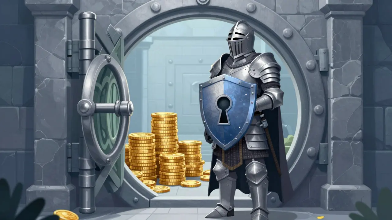 Armored knight guarding a secure vault of crypto assets