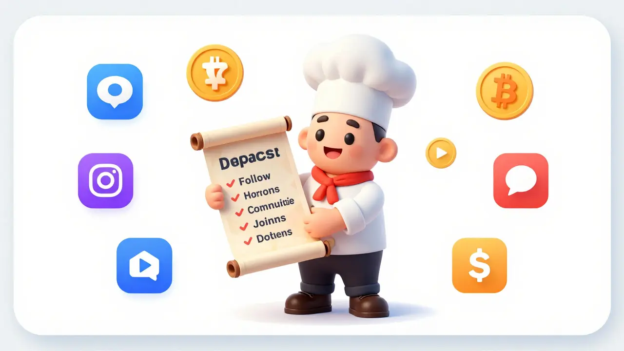 Cartoon chef holding a quest map with social media icons, illustrating community engagement steps.