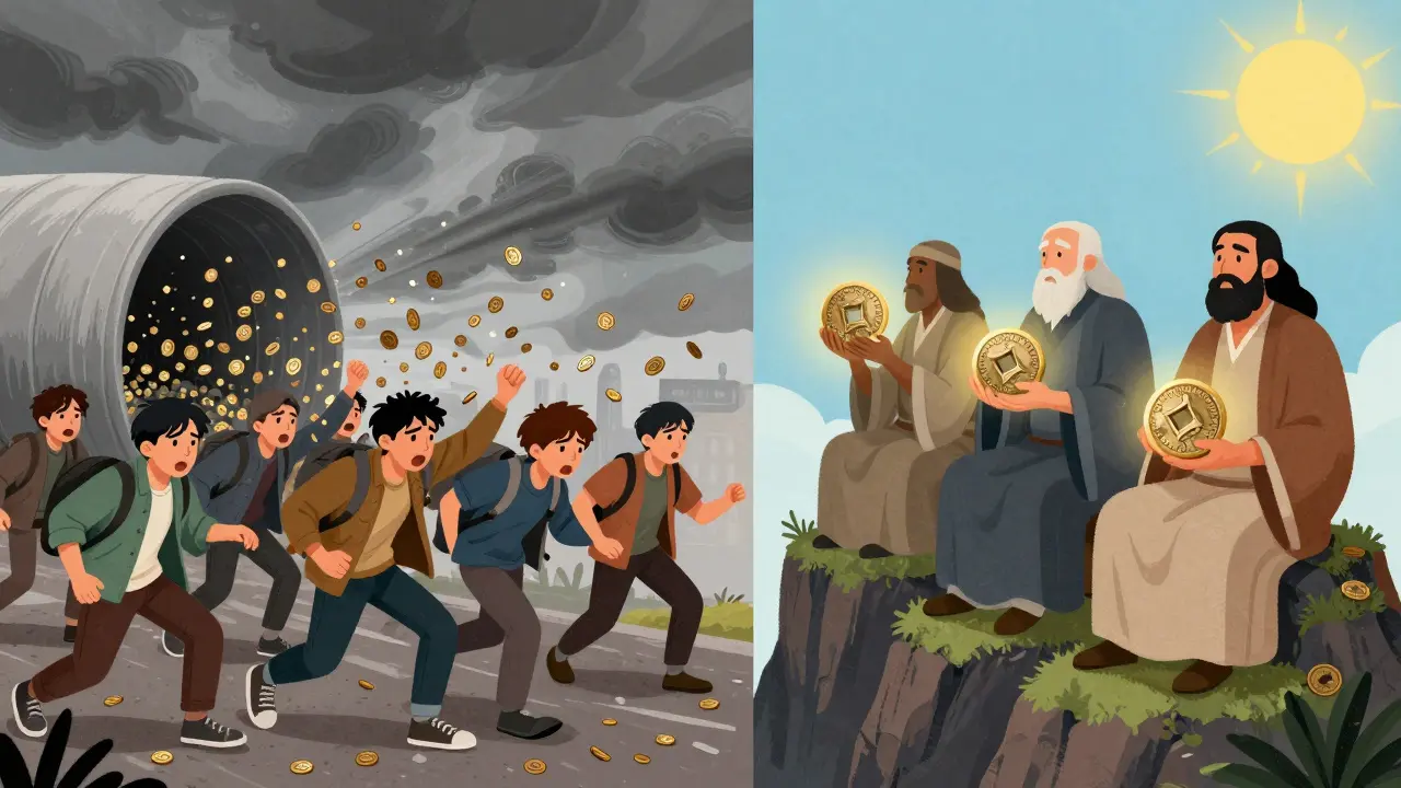 Cartoon depiction contrasting frantic short-term sellers with calm long-term holders on a mountain.