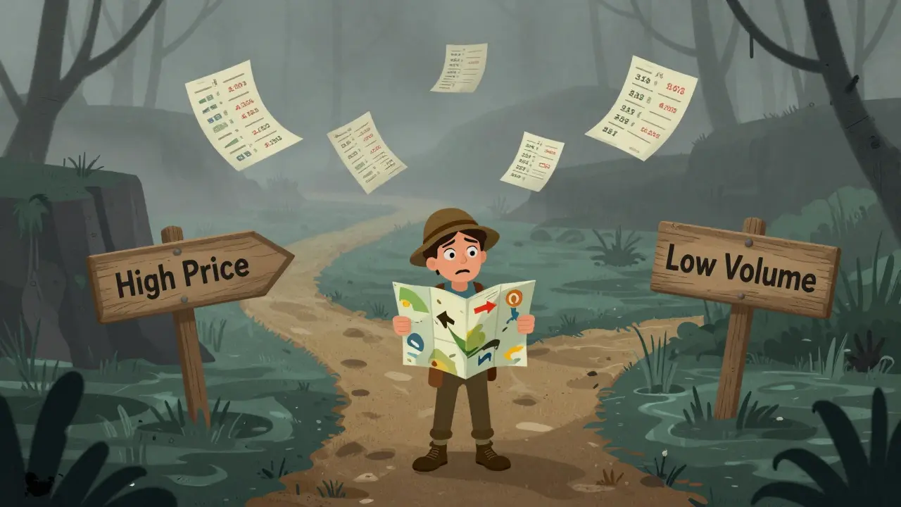 Cartoon explorer confused by contradictory signs and foggy paths in a market