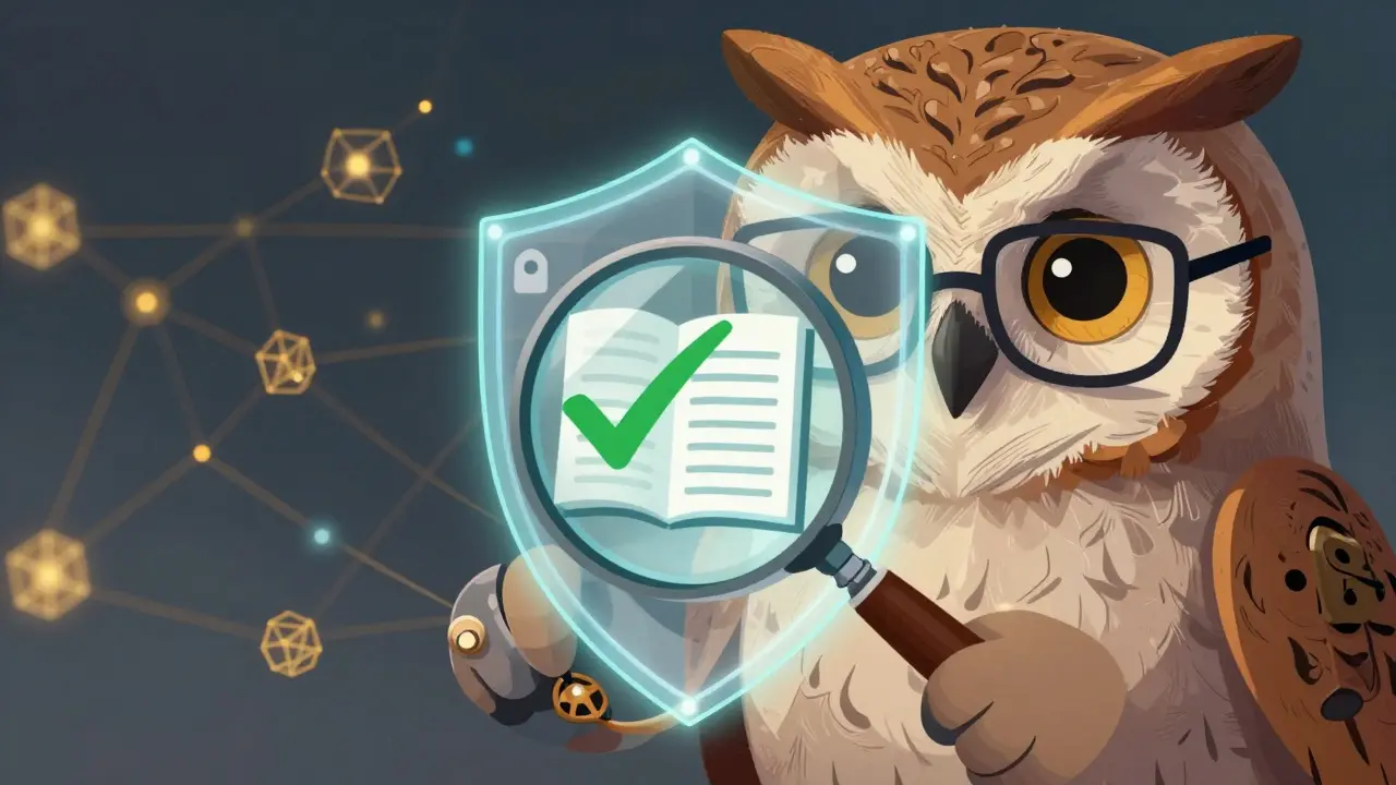 Cartoon owl inspecting security symbols on a shield, representing crypto verification steps.