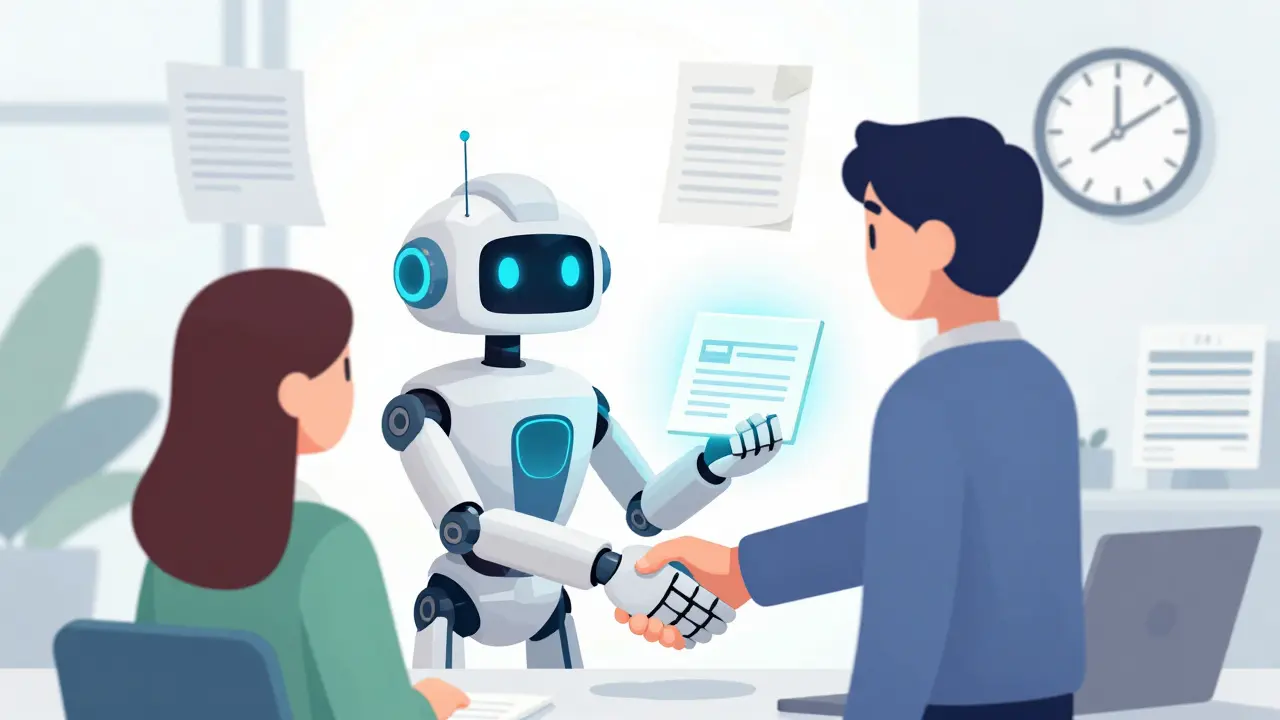 Cartoon robot facilitating a fast, paperless real estate deal