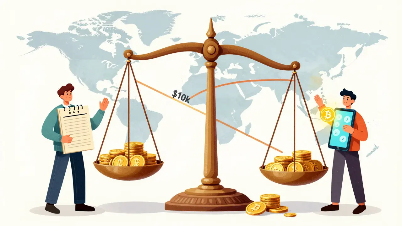 Cartoon showing combined cash and crypto assets exceeding the reporting threshold.