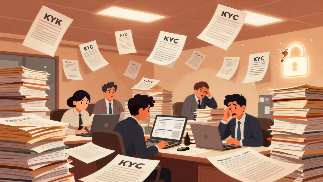 Chaotic office scene showing overwhelming piles of unverified compliance files.
