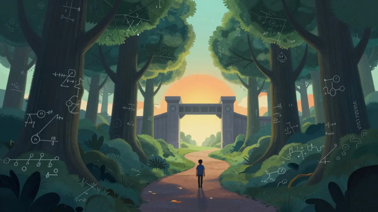 Character navigating a cryptographic forest path toward a bright future horizon.