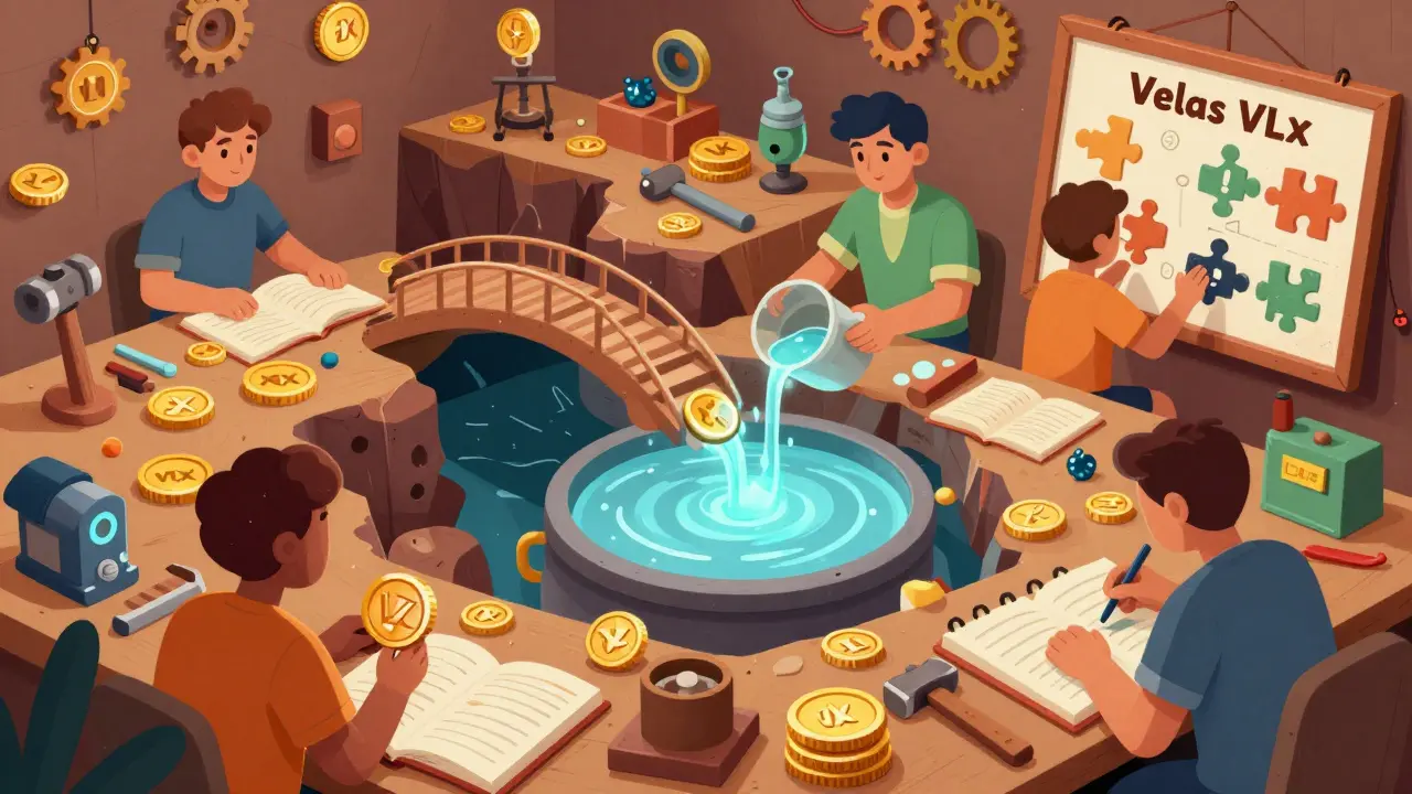 Characters actively earning tokens through testing, liquidity, and challenges in a workshop.