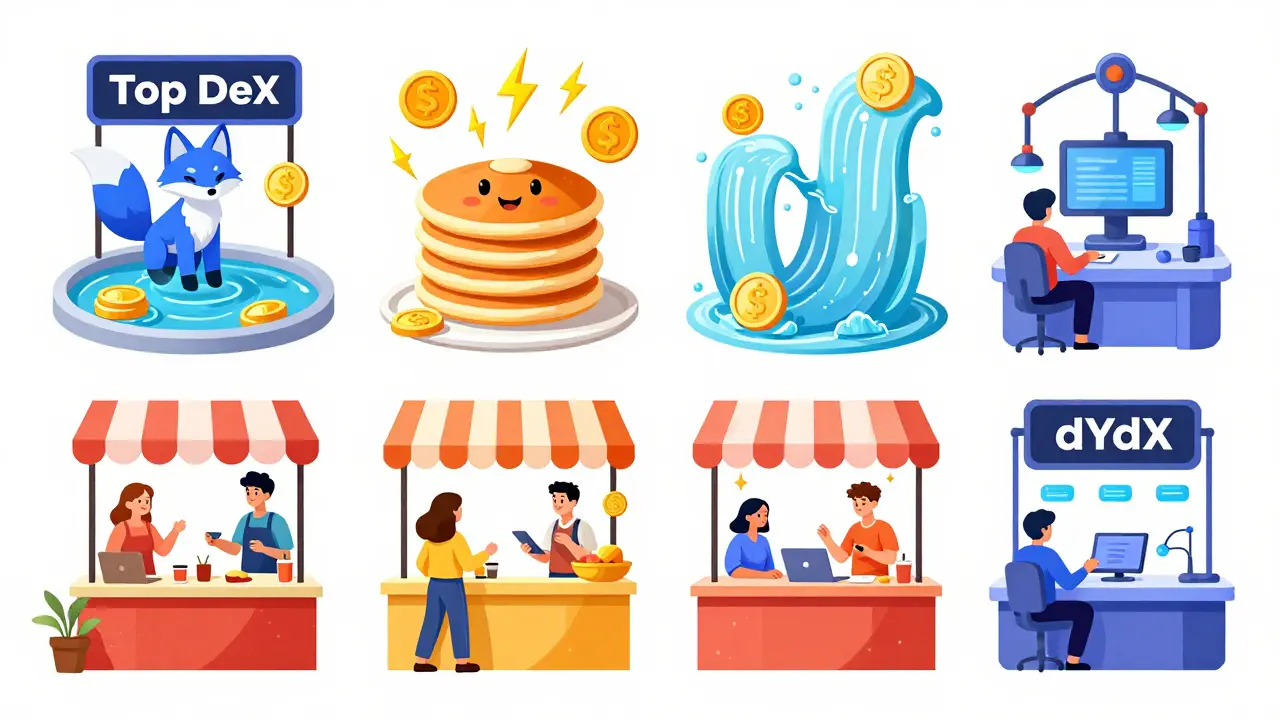 Colorful market stalls representing different decentralized exchanges