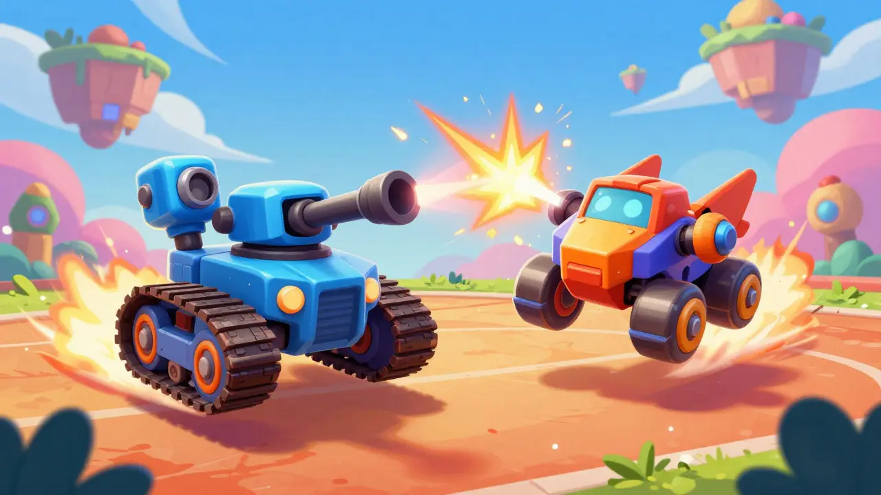 Colorful robotic vehicles battling in a metaverse arena