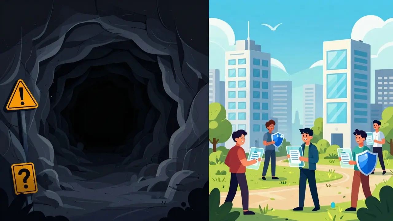 Contrast between dark cave of scams and bright towers of legitimate crypto exchanges