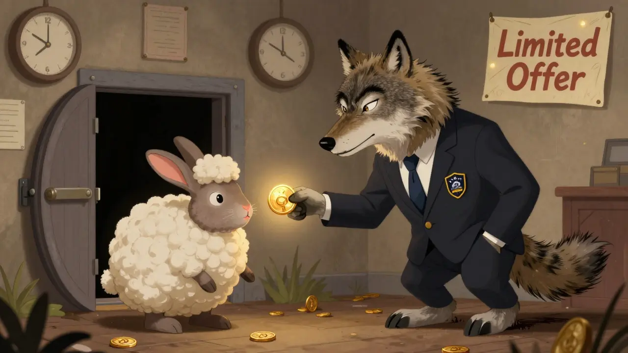 Deceptive wolf in suit tricking rabbit into taking coin near open trapdoor