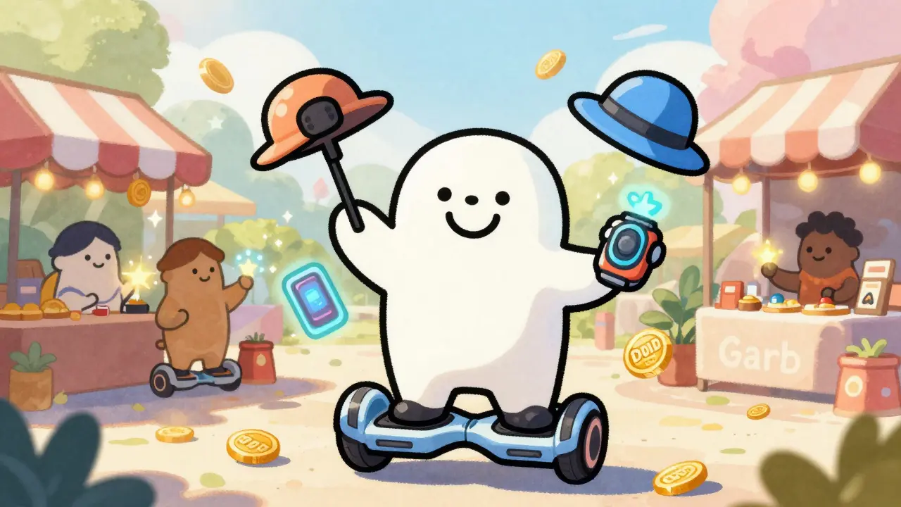 Doodle avatars customizing gear and trading with tokens in a market