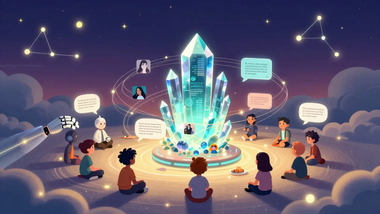 Doodles collaborating on stories around a glowing AI crystal structure
