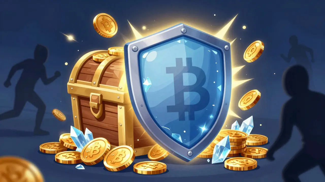 Golden shield protecting crypto assets from shadowy hackers