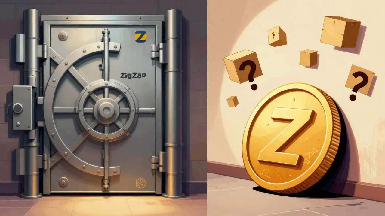 Illustration contrasting a secure vault of real coins with a flimsy, fake Z token cutout showing missing data.