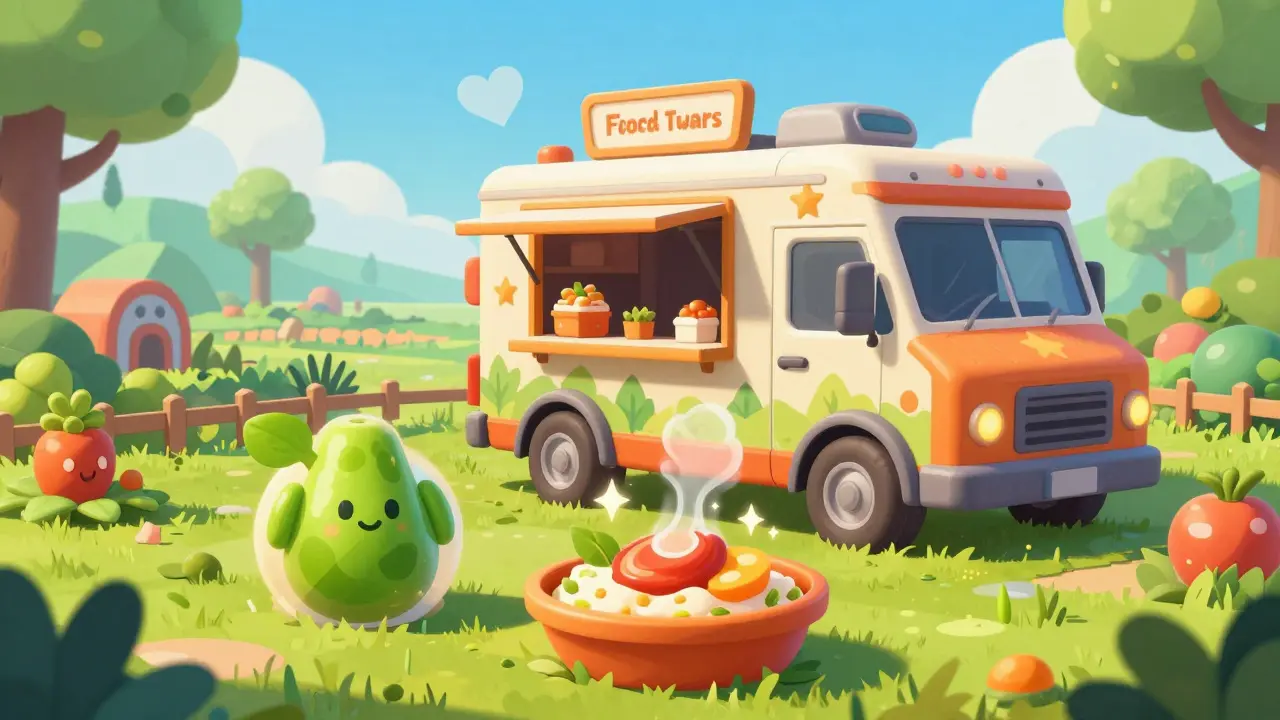 Illustration of a food truck combining ingredient NFTs to cook dishes in a virtual farm landscape.