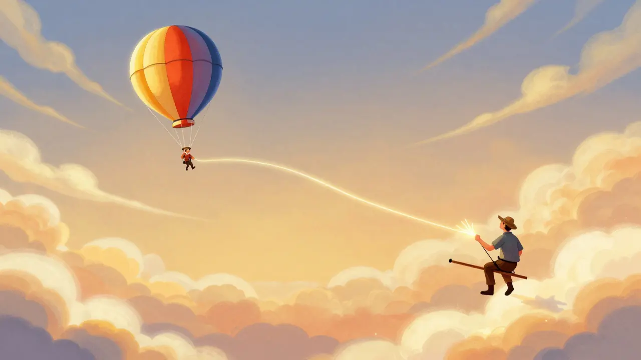 Illustration of a trader with a dynamic tether adjusting as they rise higher