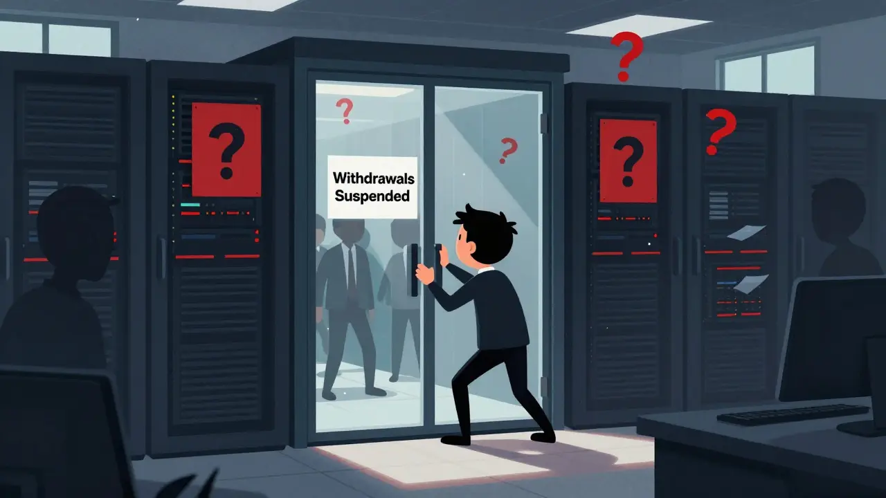 Illustration of a user blocked from withdrawing funds at a closed exchange.