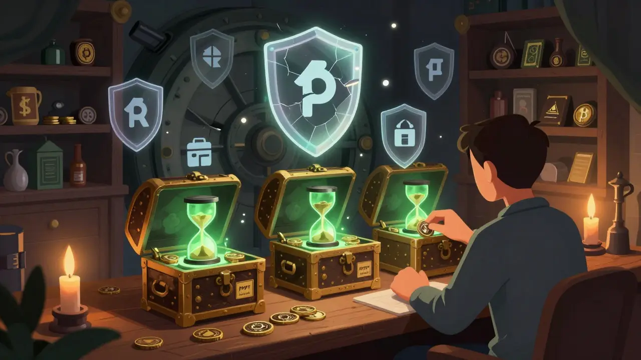 Illustration of a user locking tokens in magical vaults for yield farming rewards.