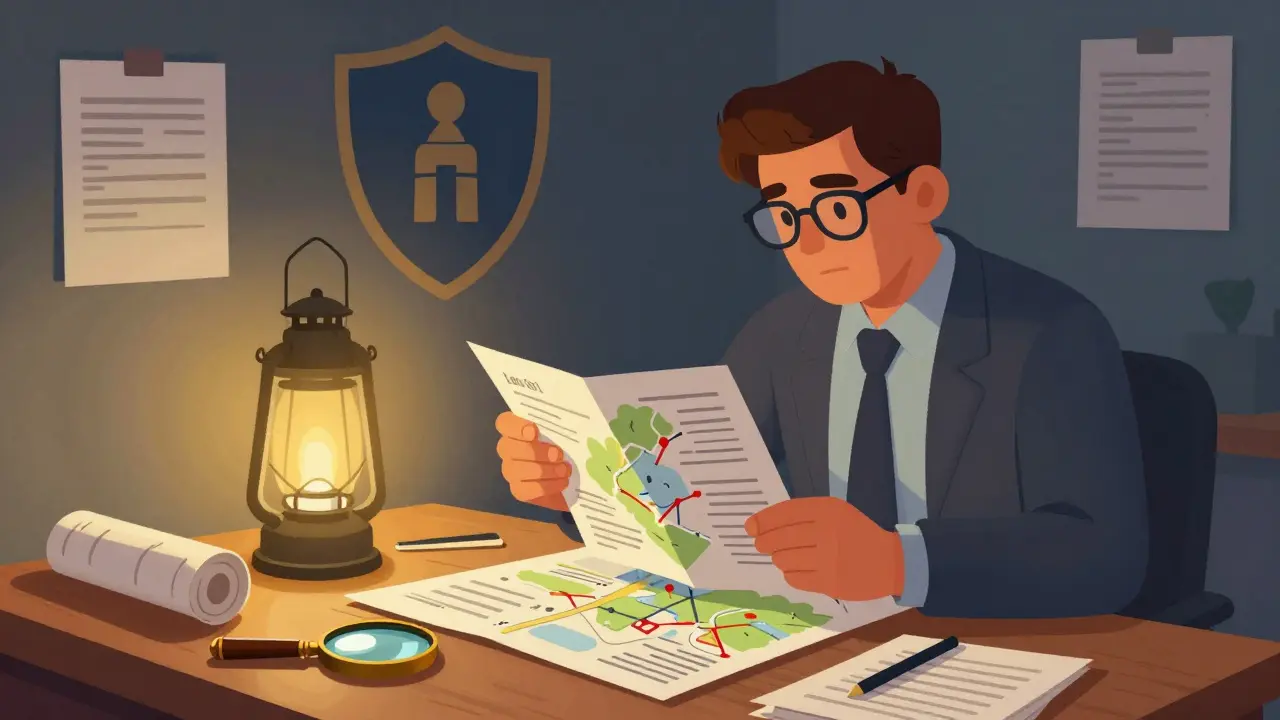 Illustration of an investigator using a lantern to verify documents and maps