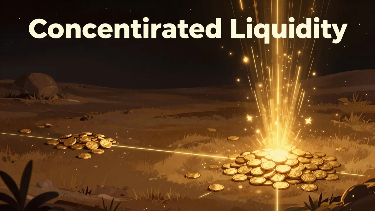 Illustration showing concentrated gold coins in a focused zone versus scattered coins.