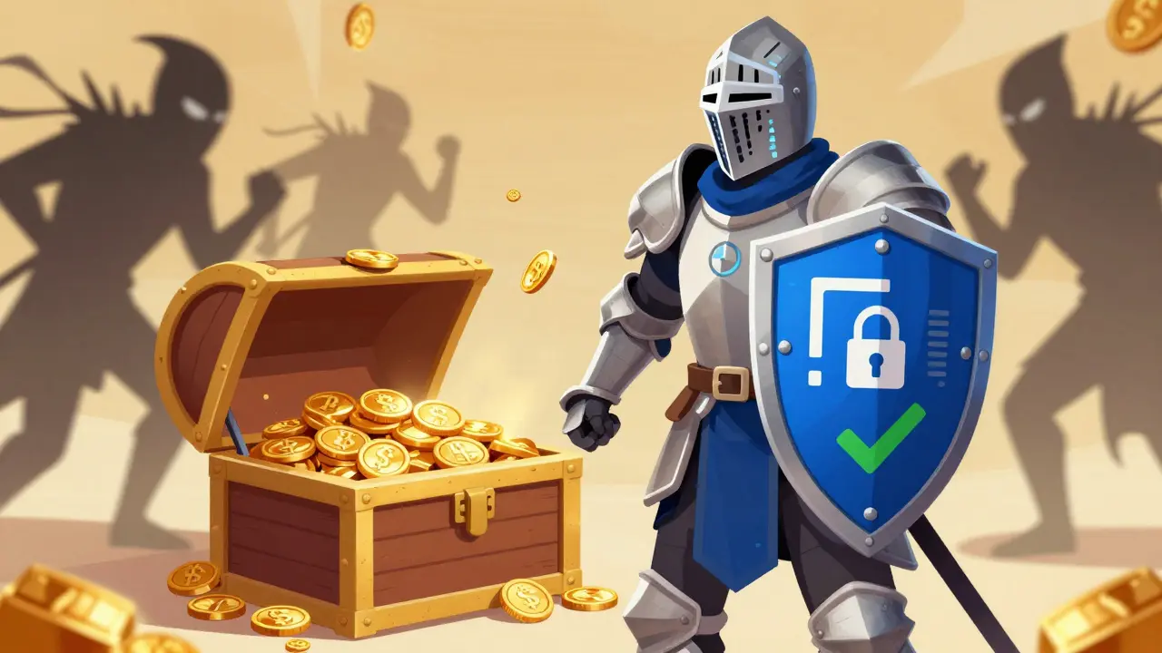 Knight protecting crypto treasure with security shield against shadowy thieves