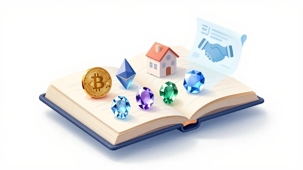 Magical ledger showing seven crypto gems and translucent real-world asset icons.
