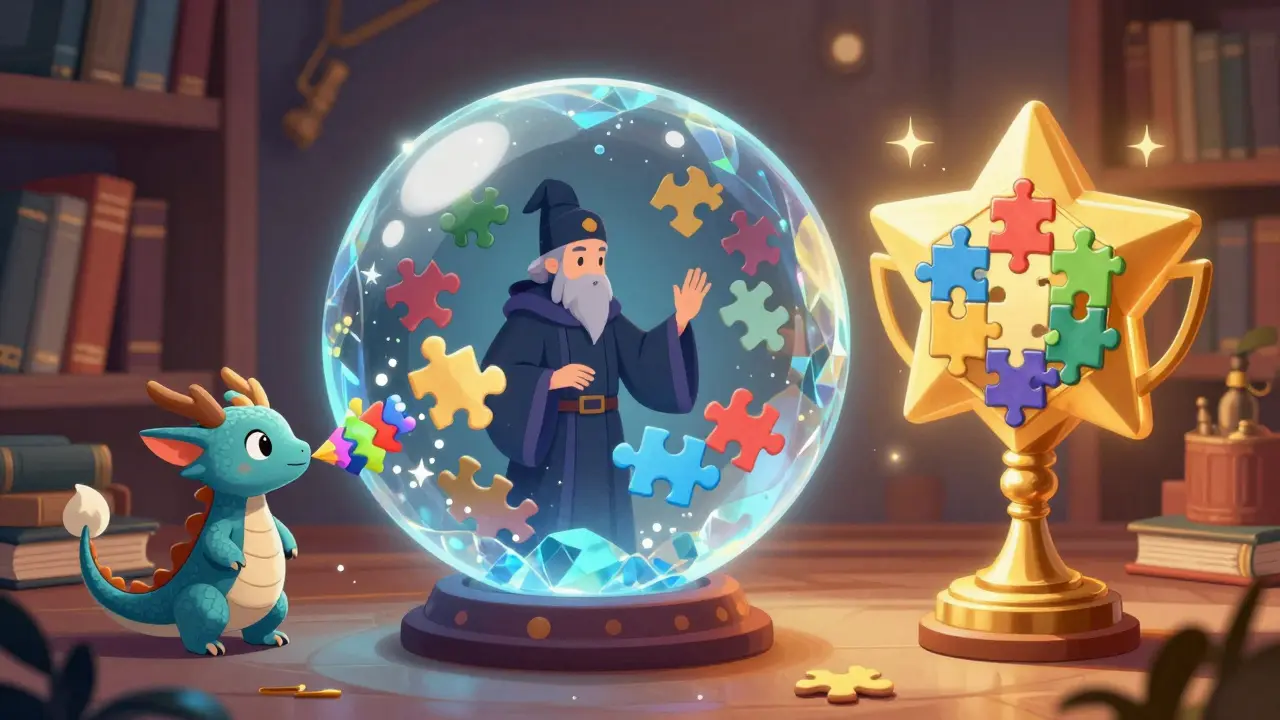 Magical scene showing encrypted data being processed by an AI wizard inside a crystal sphere.