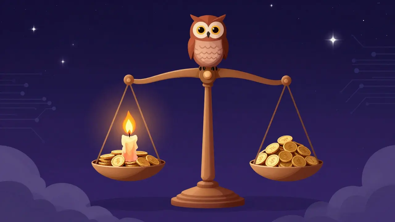 Mystical balance scale showing burning coins vs growing pile under watchful owl