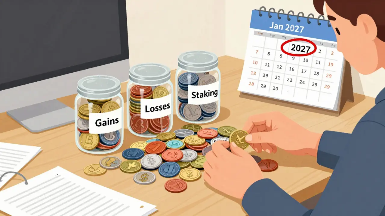 Person organizing crypto records ahead of 2027 tax deadline