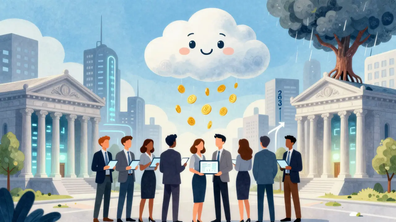 Professional investors in a futuristic city with blockchain-integrated banks.