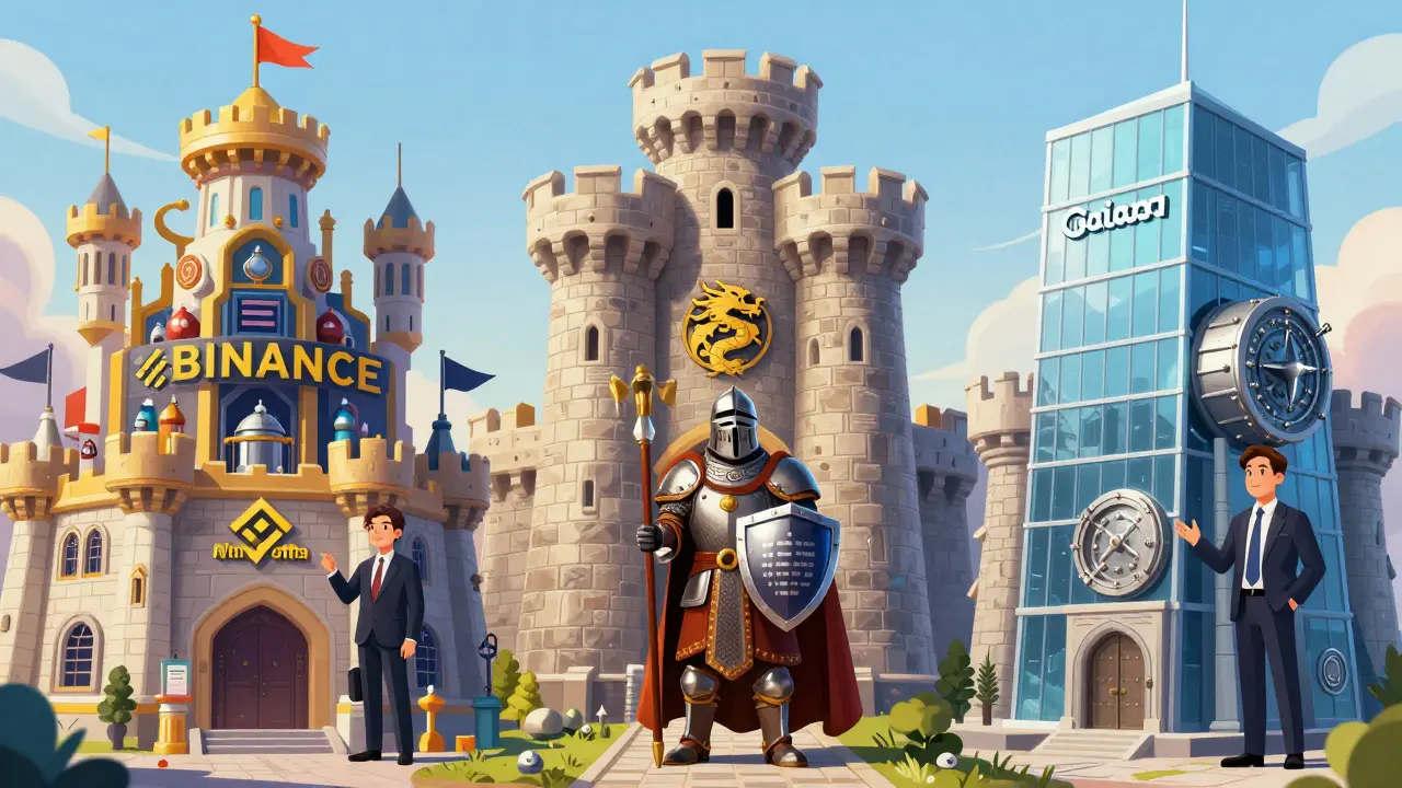 Three castles representing Binance, Kraken, and Coinbase strategies