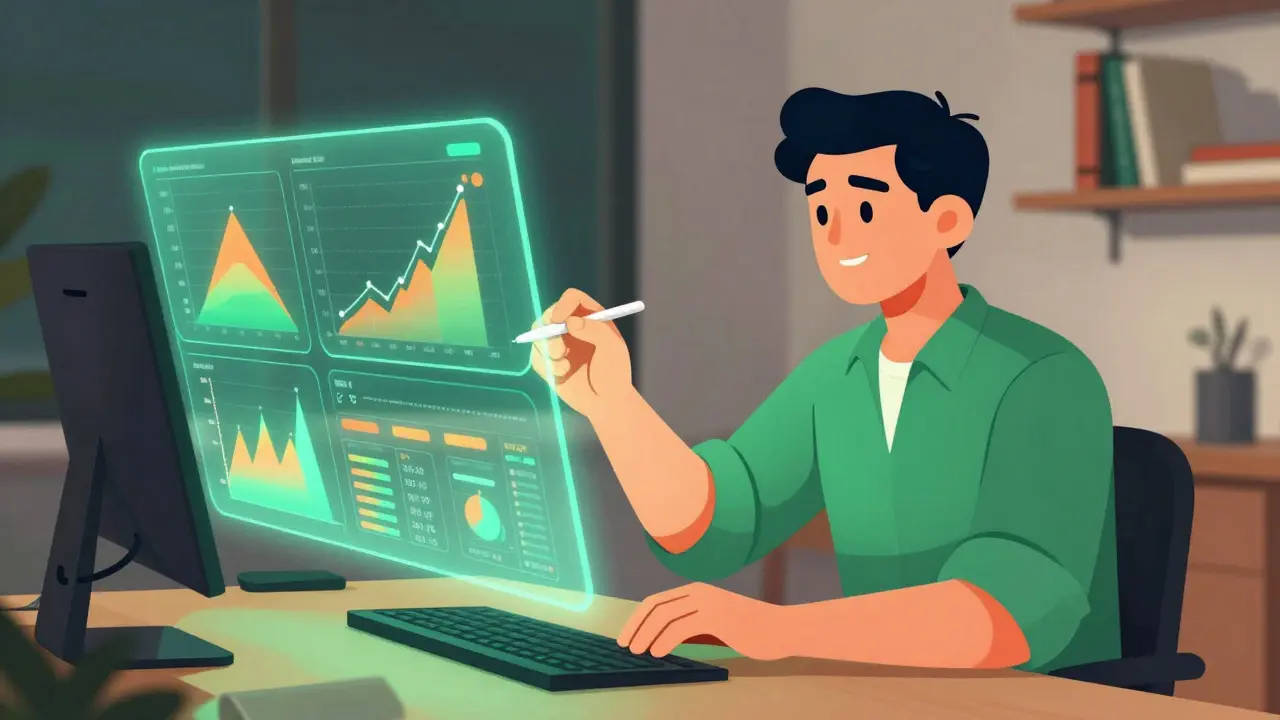 Trader mastering holographic charts in a cozy study
