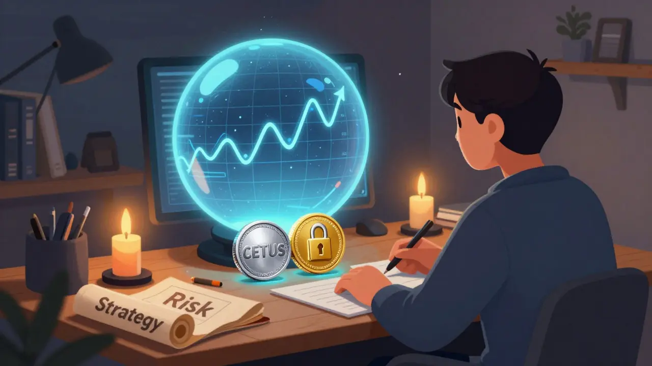 Trader studying market trends in a glowing orb with CETUS tokens on a wooden desk.