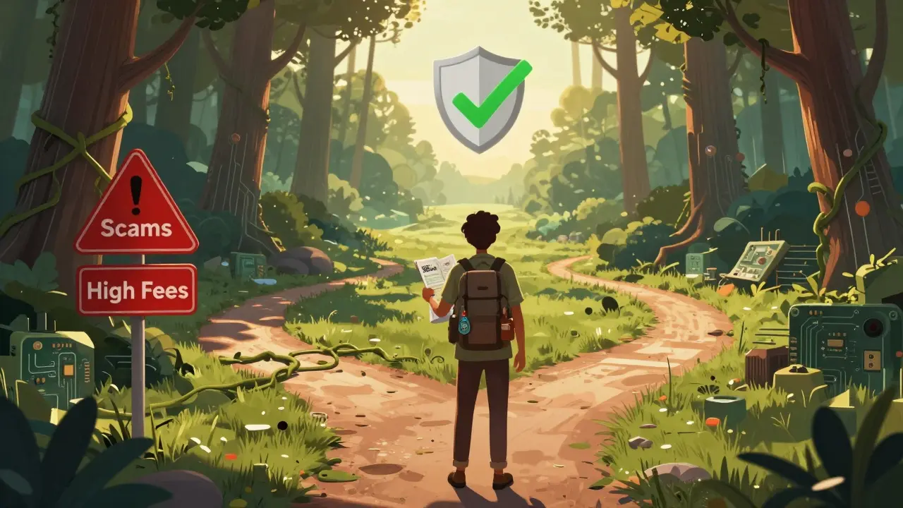 Traveler choosing a safe path through a digital forest avoiding scams